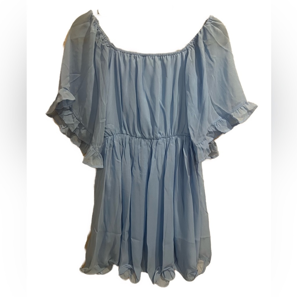 NWT— Feditch— Light Blue Chiffon Off-Shoulder Mini Dress, size SM - Picture 4 of 9